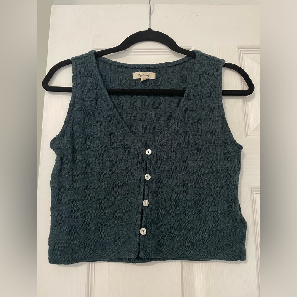 Madewell Basketweave-Stitch Knit V- Neck Button Vest Top XS Green